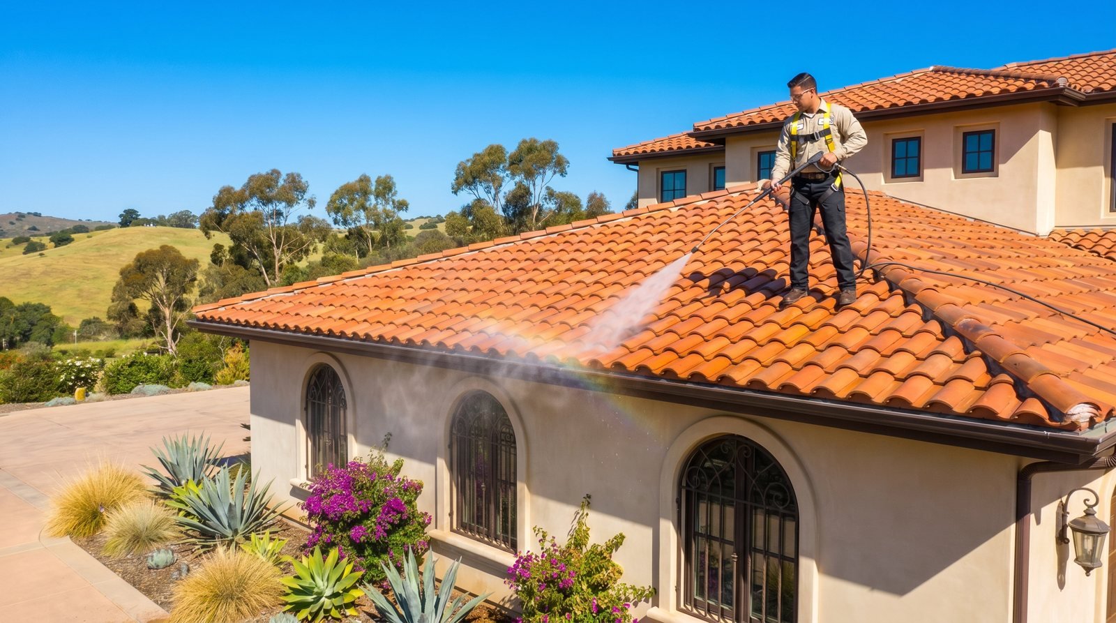 Exterior House Cleaning in Carlsbad - CA removing grime from stucco walls and window trim, Exterior House Cleaning in Poway - CA as a technician rinses siding beside a front walkway