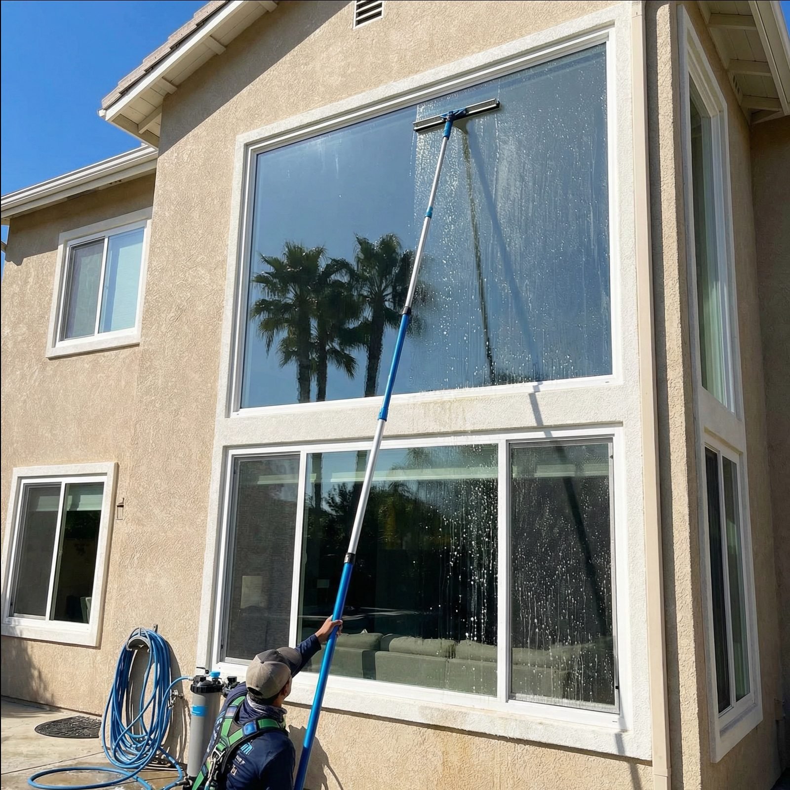 Exterior House Cleaning in 4S Ranch - CA as a technician rinses dust from a stucco entryway