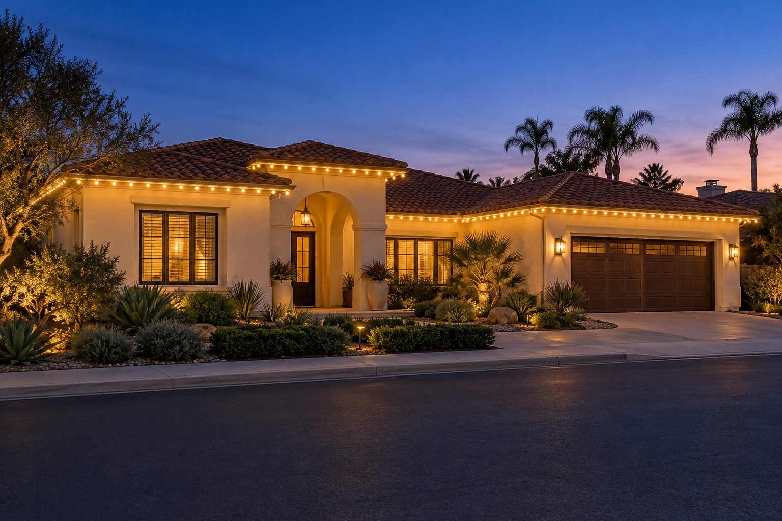 Basic holiday lighting package with warm white lights along the roofline of a single story home