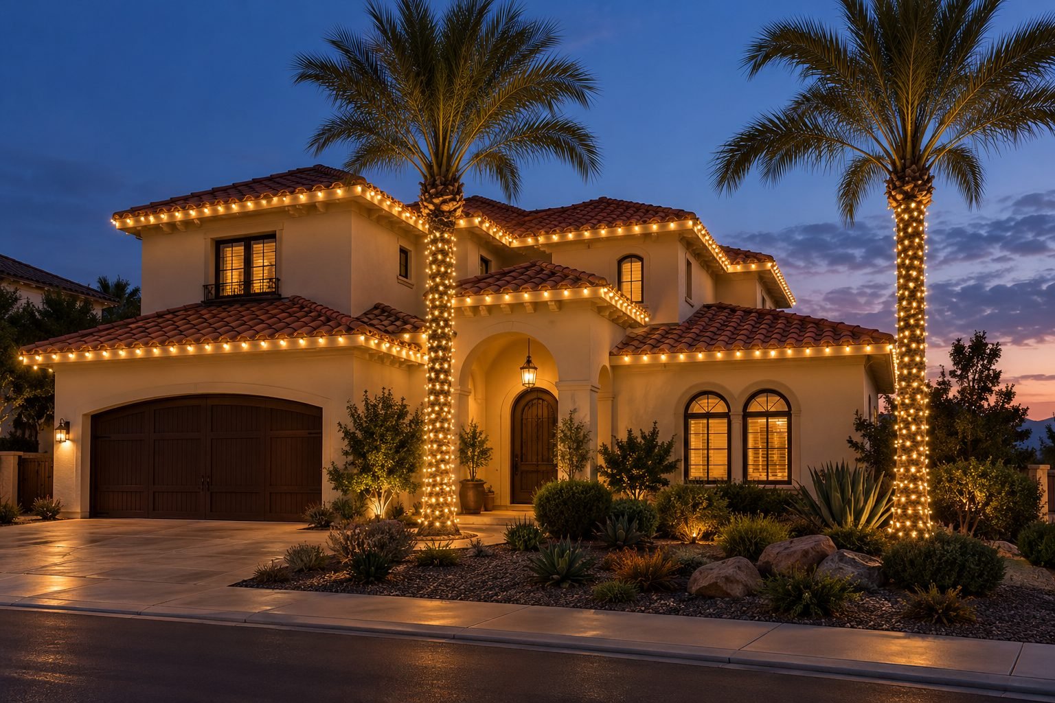 Premium holiday lighting package with roofline lights and wrapped palm trees on a two story home