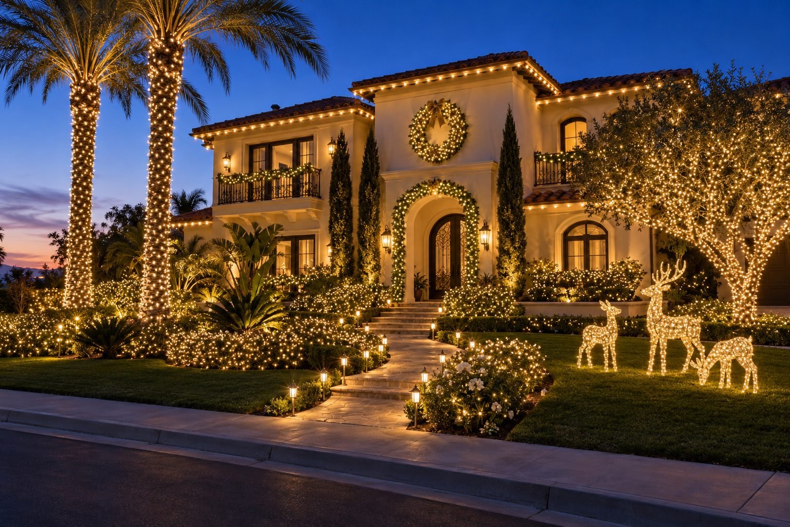 Showstopper holiday lighting package with roofline, wrapped palms and trees, lit bushes, wreath and lit reindeer